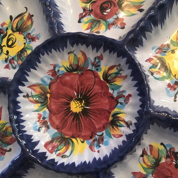 LARGE DIVIDED PLATTER SERVING TRAY PLATE HANDPAINTED FLORAL Round Vintage. - Picture 2 of 8